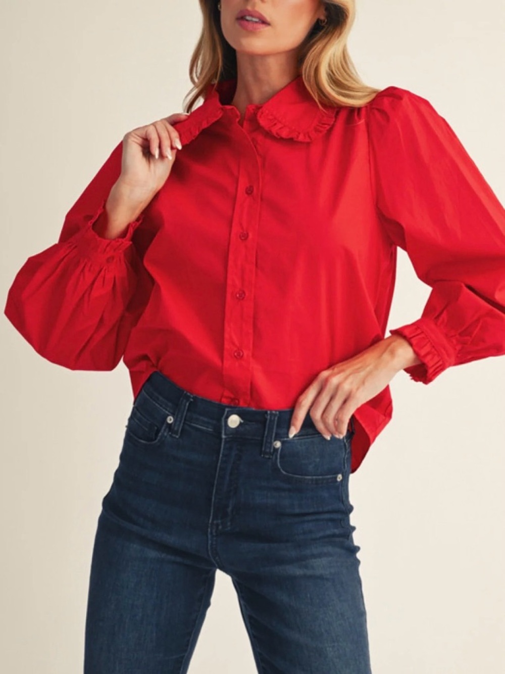 JODIFL Red Puff-Sleeve Ruffled Yoke Blouse